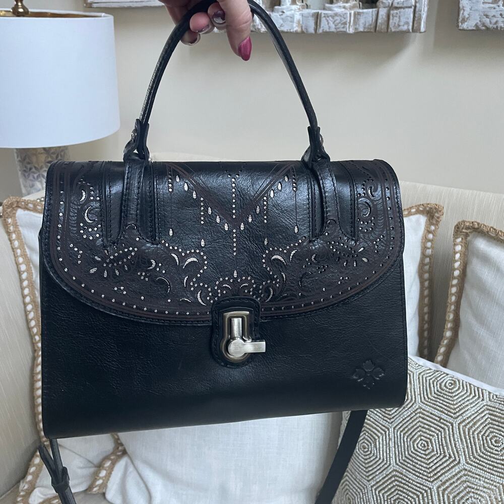 Patricia Nash Stintino Tooled Black Leather Saddle Satchel | Crossbody Turn-lock - Picture 2 of 9